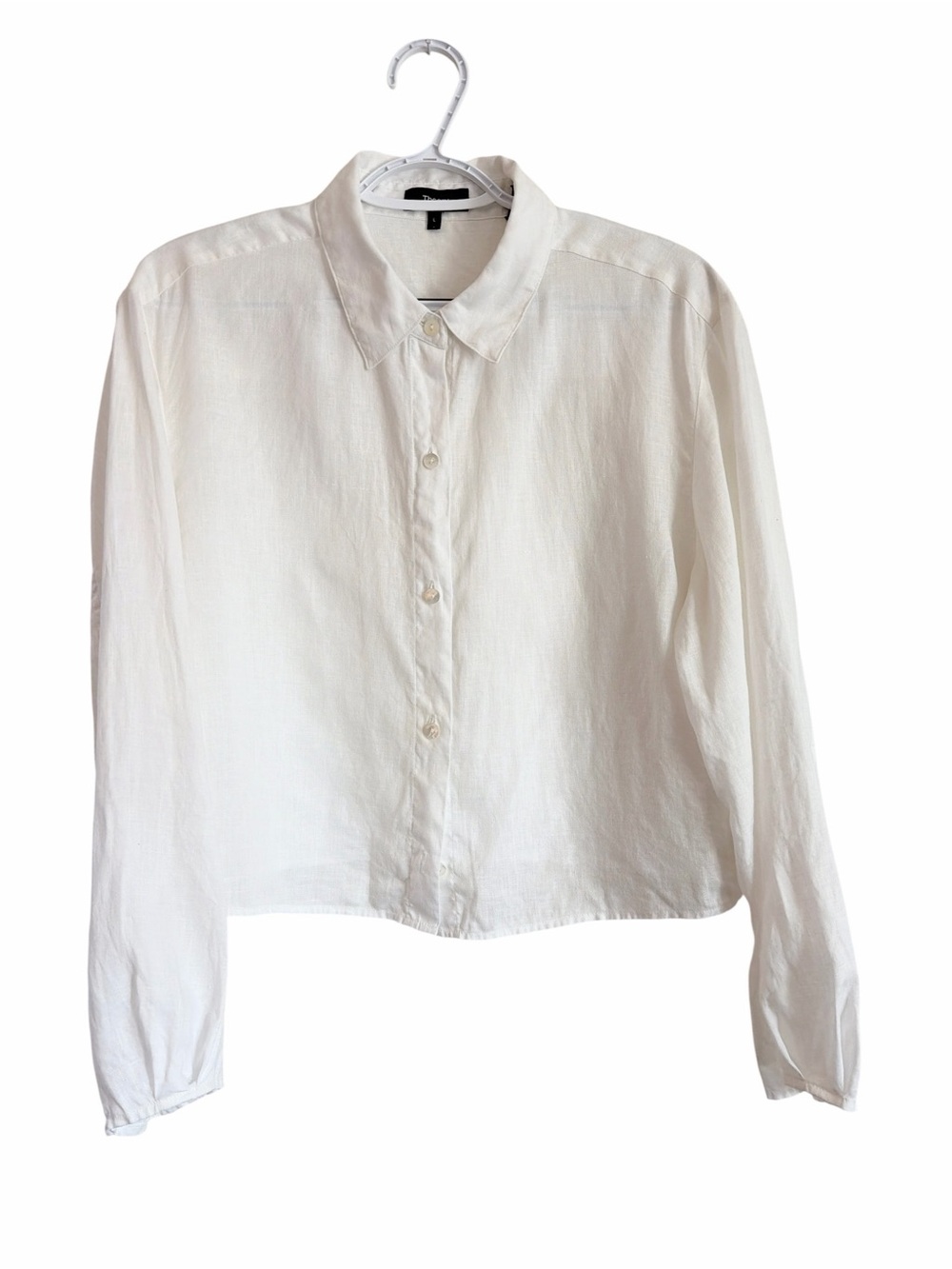 Theory Cropped White Button-Down Shirt in Relaxed Linen Size Large - Picture 4 of 11